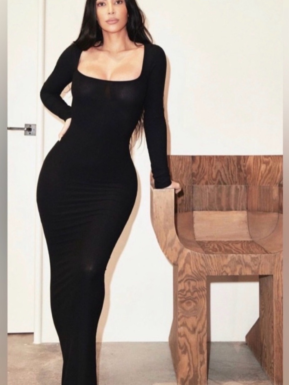 SKIMS Black Long Sleeve Square Neck Maxi Dress